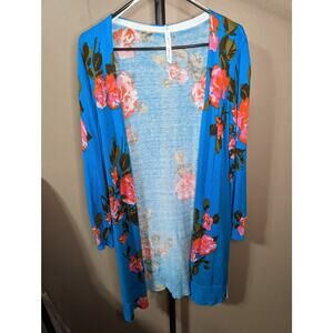 NY Collection Long Cardigan‎ Duster Sweater Turquoise Floral Sz LP Petite